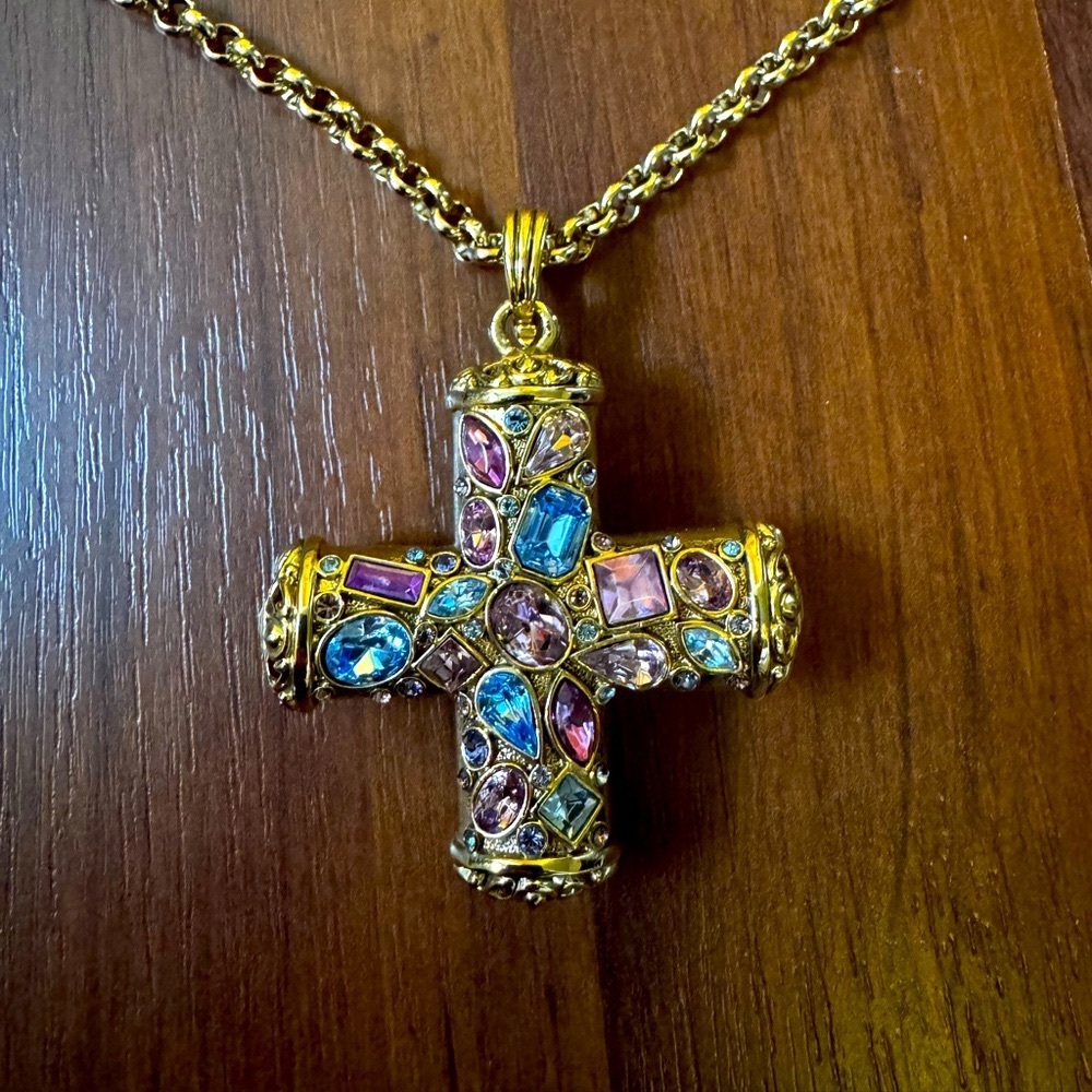 Ornate Gold Tone Chunky Multicolor Necklace Cross Pendant